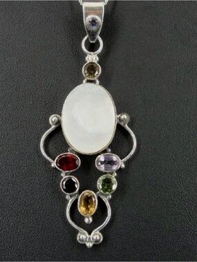 Sterling silver 925 VTG  Mother of Pearl with Multi Color Stone  Pendant RARE